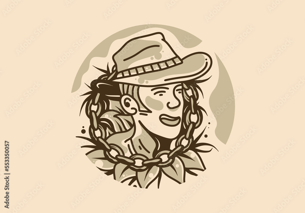 Vintage illustration drawing of Men wear cowboy hats with chains and leaves around them