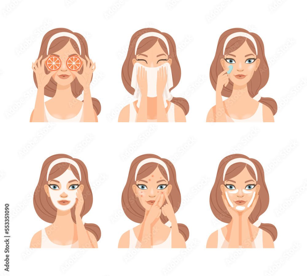 Face Care Routine with Young Woman with Headband Engaged in Daily Skincare Vector Set Face Care Routine with Young Woman with Headband Engaged in Daily Skincare Vector Set