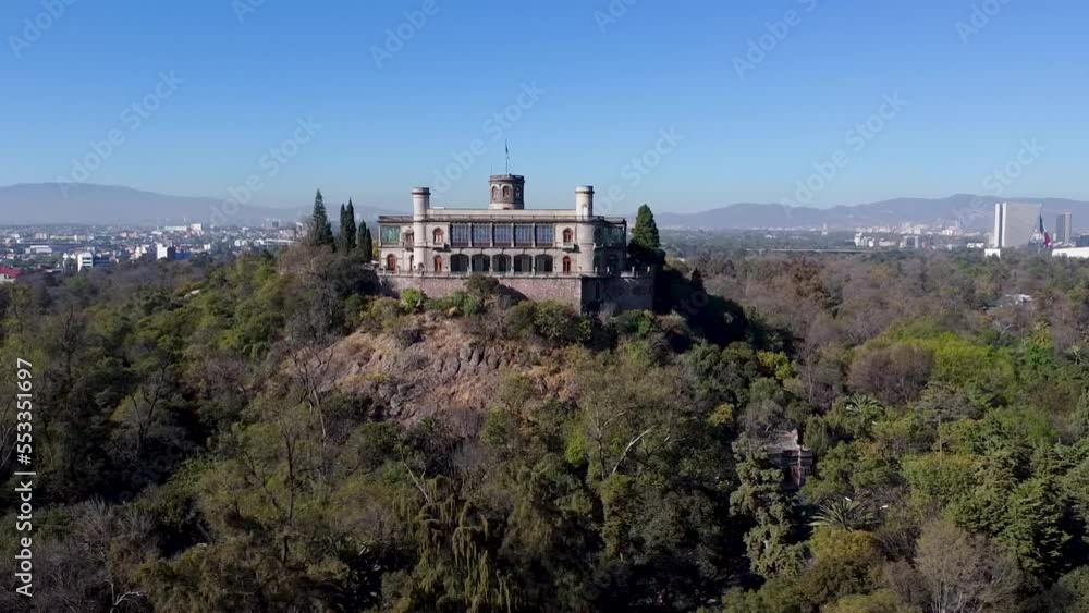 Aerial orbit view close up of Chapultepec Castle in Chapultepec park with capital of Mexico behind. Aerial orbit view close up of Chapultepec Castle in Chapultepec park with capital of Mexico behind.