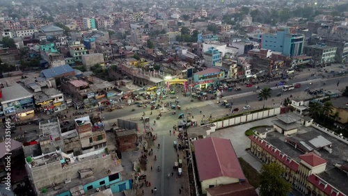 An aerial view of an intersection in the sprawling town of Nepalgunj in western Nepal in the evening light. photo