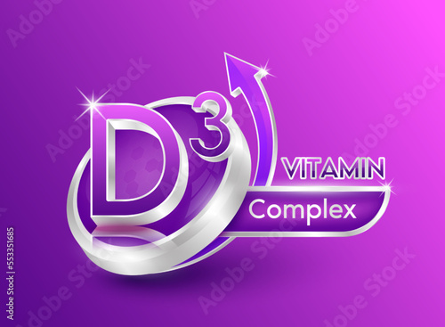 Vitamin D3 in circle shape purple with arrow. Used for designing dietary supplements or beauty products. Medical concepts. Isolated 3d icon. Vector EPS10 illustration.