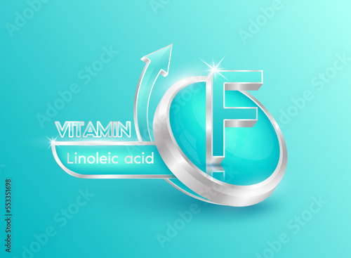 Vitamin F in circle shape blue with arrow. Used for designing dietary supplements or beauty products. Medical concepts. Isolated 3d icon. Vector EPS10 illustration.