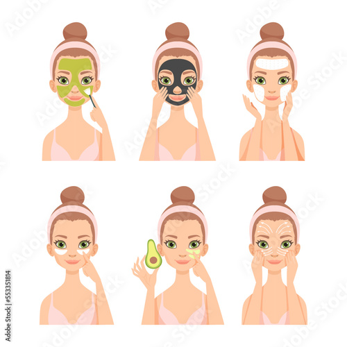 Face Care Routine with Young Woman with Headband Engaged in Daily Skincare Vector Set