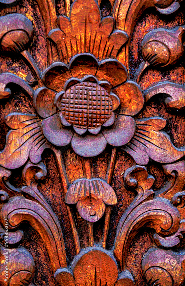 Wood carved balinese door detail illustration background and architectural texture
