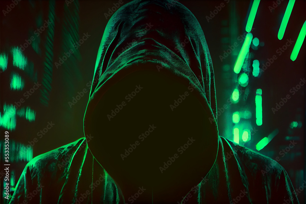 Hacker with the hoodie and digital green neon background. Cyber ...