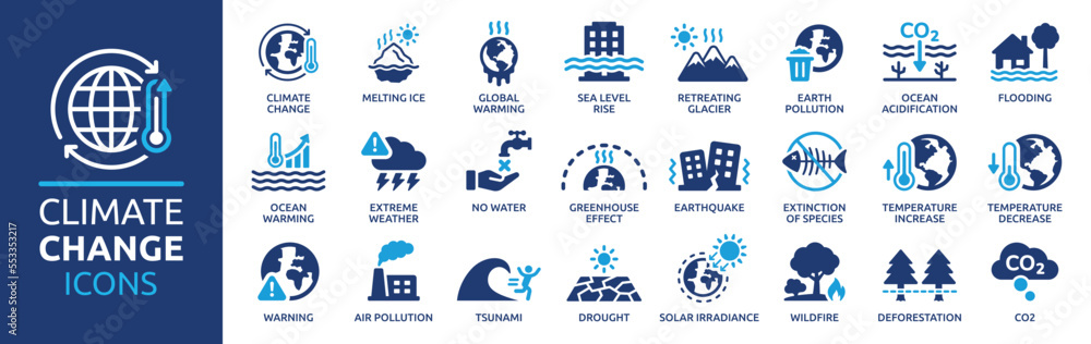 Climate change icon set. Containing global warming, greenhouse, melting ice, earth pollution and disaster icons. Solid icon set. - obrazy, fototapety, plakaty 