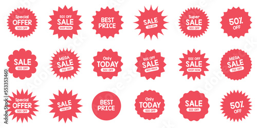 Set of vector red starburst, sunburst badges. Simple flat style vintage labels, stickers with sale discount text. Sale quality tags and labels. Template banner shopping badges.