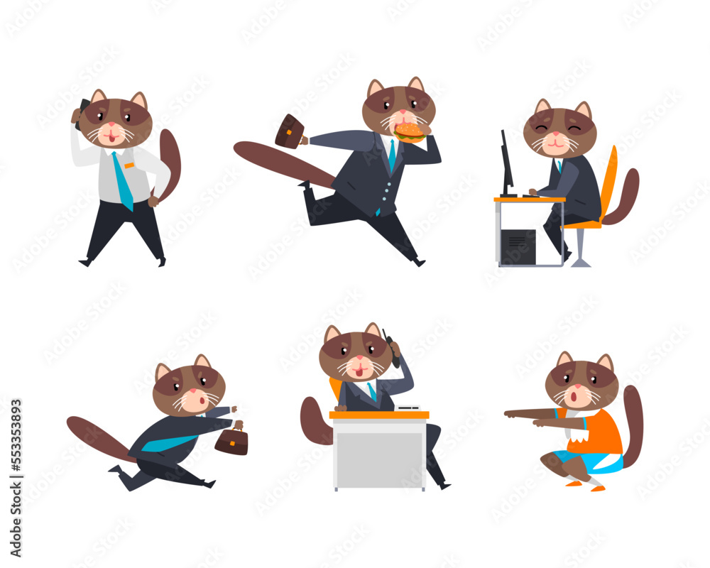 Cat Businessman Character in Formal Suit and Tie Engaged in Daily Routine Vector Set Cat Businessman Character in Formal Suit and Tie Engaged in Daily Routine Vector Set