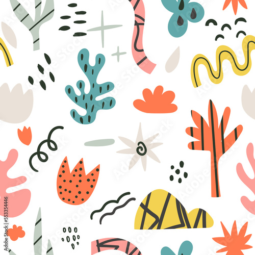 Hand drawn abstract seamless pattern. Various shapes and bright doodles. Aesthetic elements in the style of Matisse. Modern vector print. Trendy design for textiles, wallpaper, packaging, template