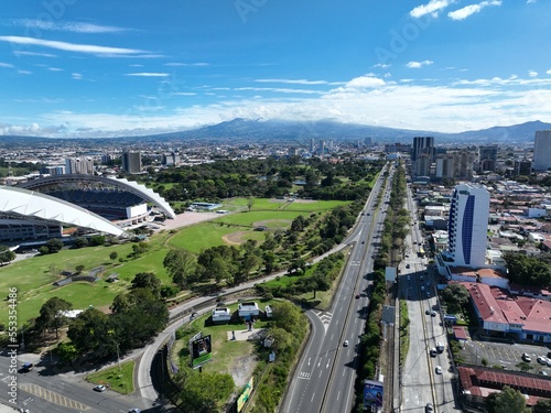 Aerial view of La Sabana Park and Costa Rica National Stadium with San Jose, Costa Rica in the background photo