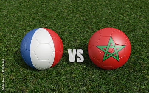 Footballs in flags colors on soccer field. France with Morocco. 3d rendering
