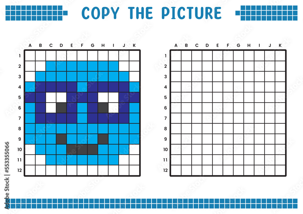 Fototapeta premium Copy the picture, complete the grid image. Educational worksheets drawing with squares, coloring areas. Children's preschool activities. Cartoon vector, pixel art. Illustration of face with glasses.