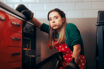 Tired Housewife Baking Until Late making a Cake. Yummy appetizing food presented in a diner shop
