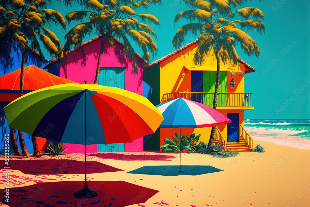 Vacation villas in tropical resort town with palm trees and beach umbrellas. Summer holiday in paradise, vibrant colorful stylized pop art.