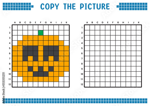 Copy the picture, complete the grid image. Educational worksheets drawing with squares, coloring cell areas. Children's preschool activities. Cartoon vector, pixel art. Halloween pumpkin illustration.