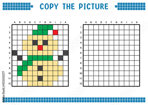 Copy the picture, complete the grid image. Educational worksheets drawing with squares, coloring cell areas. Children's preschool activities. Cartoon vector, pixel art. Illustration of a snowman.
