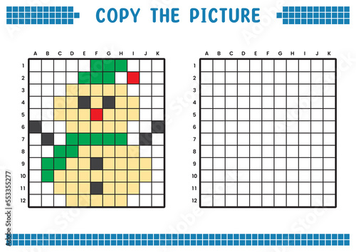 Copy the picture  complete the grid image. Educational worksheets drawing with squares  coloring cell areas. Children s preschool activities. Cartoon vector  pixel art. Illustration of a snowman.