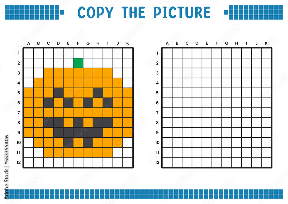 Fototapeta premium Copy the picture, complete the grid image. Educational worksheets drawing with squares, coloring cell areas. Children's preschool activities. Cartoon vector, pixel art. Halloween pumpkin illustration.