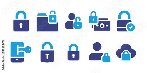 Lock icon set. Vector illustration. Containing padlock, money, folder, lock, private, key, cloud, user