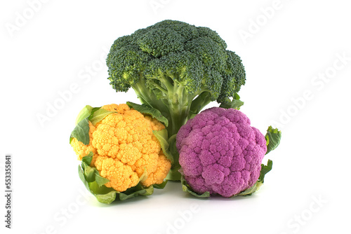 Fresh colorful cauliflowers and broccoli on white