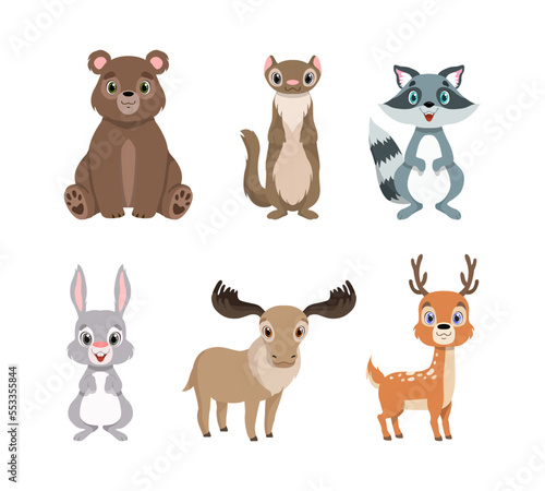 Cute Woodland Animals with Hare, Bear, Weasel, Raccoon, Elk and Deer Vector Set