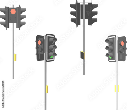 Traffic light at crossroads with white background