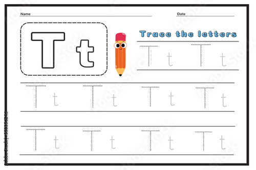 Writing practice of letters T. Coloring book. Education for children. Vector illustration