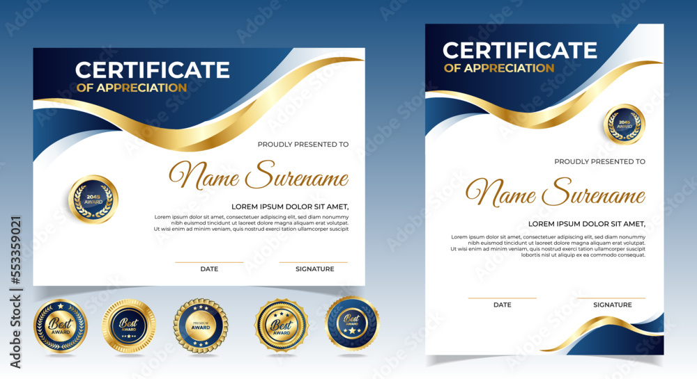 Certificate of appreciation template, gold and blue color. Clean modern certificate with gold badge. Certificate border template with luxury and modern line pattern. Diploma vector template Certificate of appreciation template, gold and blue color. Clean modern certificate with gold badge. Certificate border template with luxury and modern line pattern. Diploma vector template