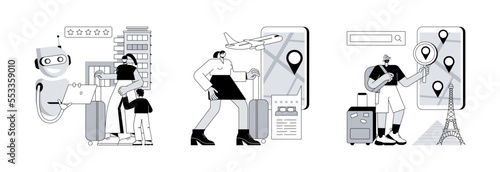 Trip planning abstract concept vector illustration set. Smart hospitality industry, online booking services, tour navigator, holiday planner, travel guide mobile app, ticket abstract metaphor.