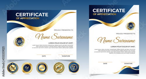 Certificate of appreciation template, gold and blue color. Clean modern certificate with gold badge. Certificate border template with luxury and modern line pattern. Diploma vector template