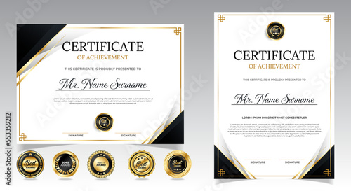 Black and gold certificate of appreciation border template with luxury badge and modern line and shapes. For award, business, and education needs. Diploma vector template