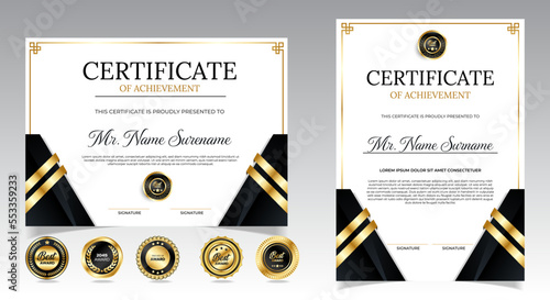 Black and gold certificate of appreciation border template with luxury badge and modern line and shapes. For award, business, and education needs. Diploma vector template