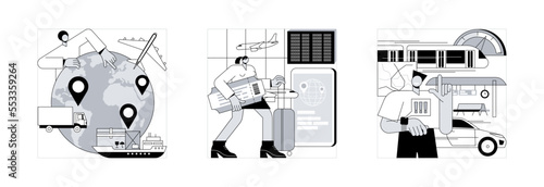Modern transportation abstract concept vector illustration set. International, intercontinental and high-speed transport, sea freight, air cargo, plane at airport, railway station abstract metaphor.