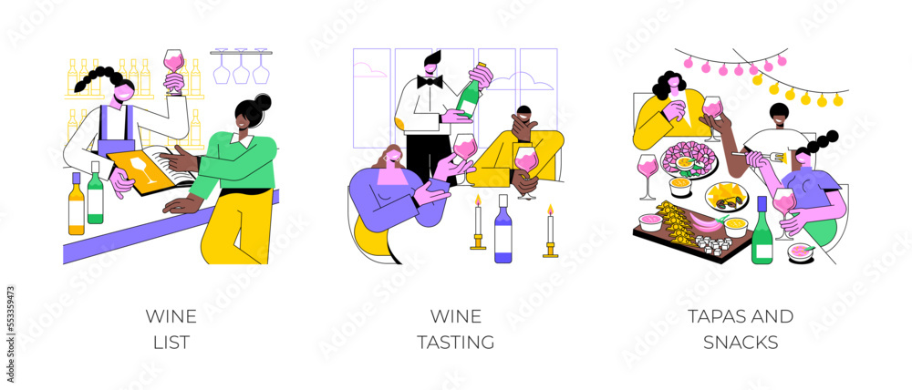 Wine bar isolated cartoon vector illustrations set. Young woman choosing drink from wine list, professional sommelier presents bottle to couple, diverse friends have tapas and snacks vector cartoon. Wine bar isolated cartoon vector illustrations set. Young woman choosing drink from wine list, professional sommelier presents bottle to couple, diverse friends have tapas and snacks vector cartoon.