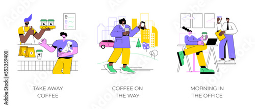 Morning coffee isolated cartoon vector illustrations set. Barista gives takeaway cup to client, drinking coffee on the way, small business, happy colleagues having break in office vector cartoon.