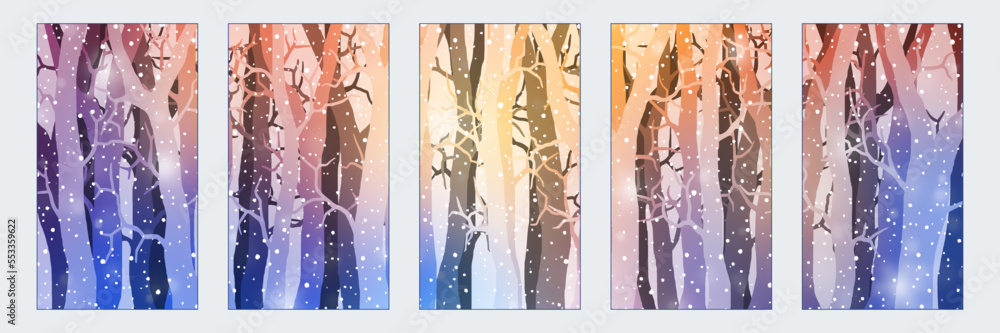 Dreamy winter forest. Set of winter backgrounds for social media stories. Vertical banner and wallpaper for phone.