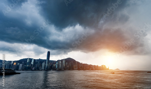 Photography Hong Kong downtown with dark clouds in storm