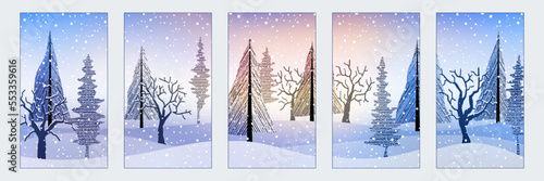 Dreamy winter forest. Set of winter backgrounds for social media stories. Vertical banner and wallpaper for phone.