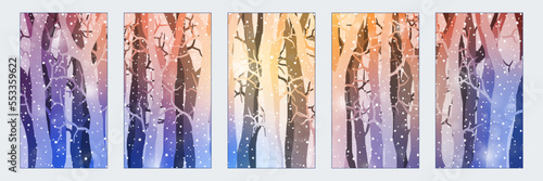 Dreamy winter forest. Set of winter backgrounds for social media stories. Vertical banner and wallpaper for phone.