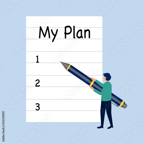 Man writing life plan on paper note in flat design. 