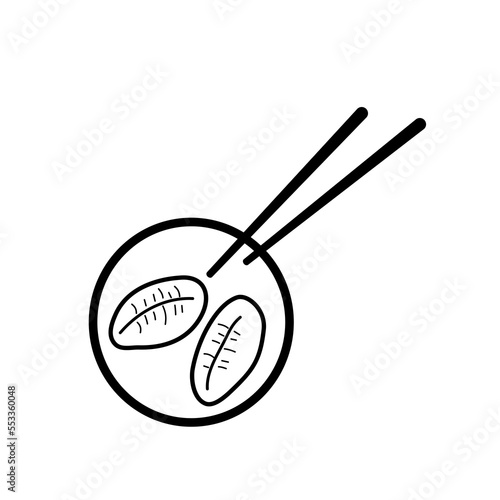 Dumplings of Chinese, Japanese and Korean cuisine and chopsticks. Doodle vector icon isolated on white