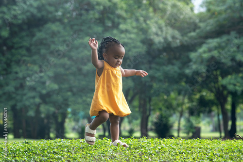 Cute little child baby girl playing in sunny summer park, little African Asian girl with braided hair walking at green lawn park, enjoying outdoor recreation
