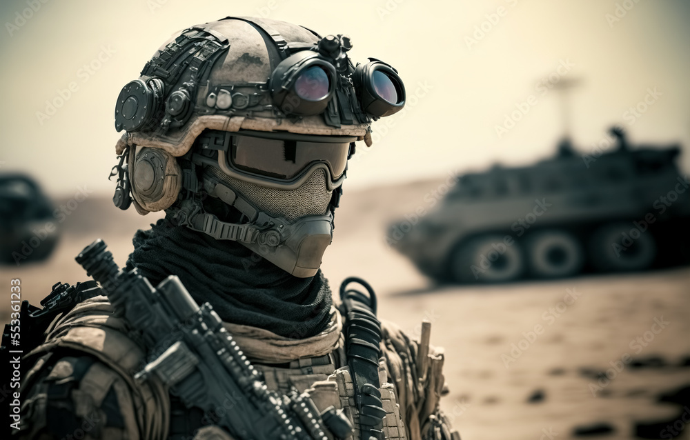 Realistic digital illustration of elite special forces soldier equipped