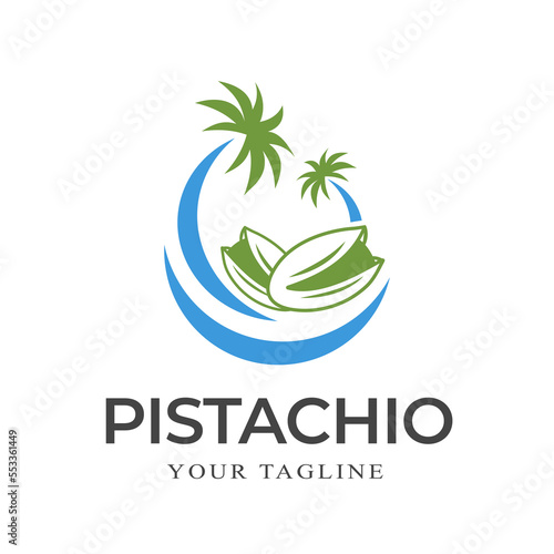 Pistachio nuts with sea and palm tree symbol, logo template. Pistachio seeds with shell, vector design. Vegetarian and organic, natural food and nutrition, design illustration