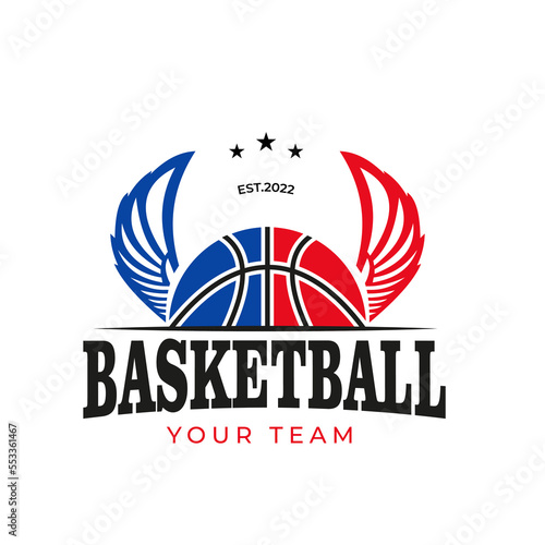 Street basketball illustration, with wings. American Sports Basketball club logo, basketball club. Tournament basketball club emblem, template design.