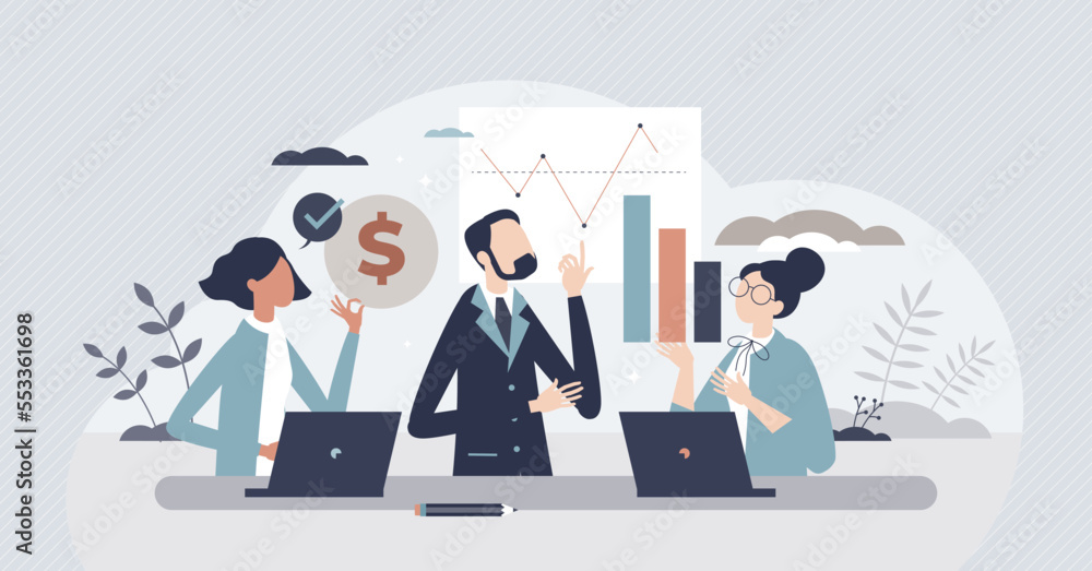 Obraz premium Finance fundamentals with business profit analysis tiny person concept. Company financial data calculation with statistics graph and diagram vector illustration. Investment potential money earnings.