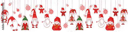 Merry Christmas Seamless horizontal pattern with cute hand drawn gnomes decoration isolated on white background. Vector illustration for print, wrapping paper, card, wallpaper, banner