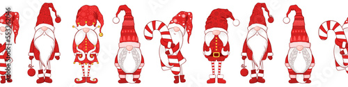 Merry Christmas Seamless horizontal pattern with cute hand drawn gnomes isolated on white background. Vector illustration for print, wrapping paper, card, wallpaper, banner