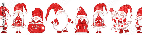 Merry Christmas Seamless horizontal pattern with cute hand drawn gnomes isolated on white background. Vector illustration for banner, print, wrapping paper, card, wallpaper