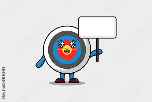 Cute cartoon Archery target character holding blank board in vector flat cartoon style illustration